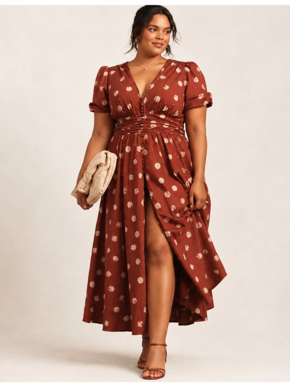 By Anthropologie The Katerina Button-Front Midi Dress Rust Polka Dot Cottagecore